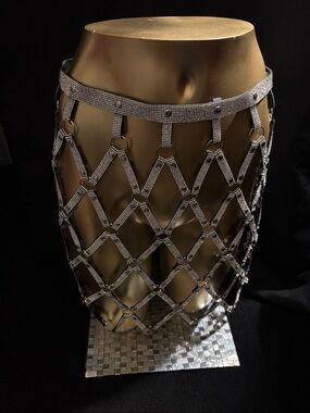 Silver Rhinestone Lattice Mini Skirt